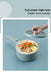 A hand lifts the lid of a light green Lacatang Shop 2024 New Portable 1.5L Multi-function Pot Rice Cooker Electric Cooking Stir Frying Noodle Pot, which is placed on a blue surface. Inside the pot, there is a dish with noodles, sliced mushrooms, carrots, and half a boiled egg. Text in the image reads: "Full power high heat cooks more quickly.