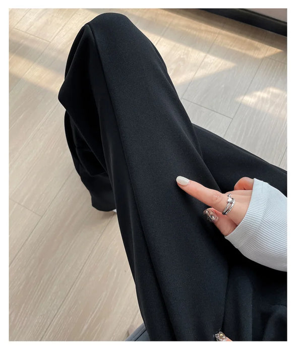 Jielur Coffee Skinny Basic Suit Women Wide Leg Pants Autumn Straight Casual Apricot Trousers Solid Color Split Office Lady Pants