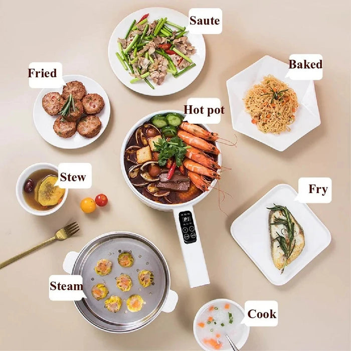 A variety of dishes are arranged on a beige surface, each labeled with a cooking method: sauté (stir-fried vegetables), fried (patties), baked (noodle dish), hot pot (shrimp and broth in the 1.6L Smart Electric Cooking Pot by Lacatang Shop), stew (soup), fry (fish fillet using the Multifunctional Non-stick Electric Wok by Lacatang Shop) and steam (dim sum).