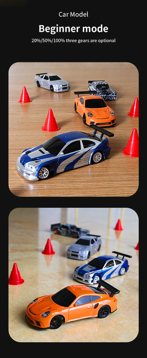 Two images display 1/43 scale model cars with different paint designs placed near red cones on a wooden floor. The top image shows three cars and cones arranged in an arc, while the bottom image has a clearer view of the car's details. Text reads: "1/43 RC Car Mini Racing Cars 2.4G Radio Control Drift Car 4WD Off-road High-Speed Motor Vehicle Model Toys for Boys Mini Gifts, Beginner Mode, 20%/50%/100% three gears are optional." Brand: Lacatang Shop.