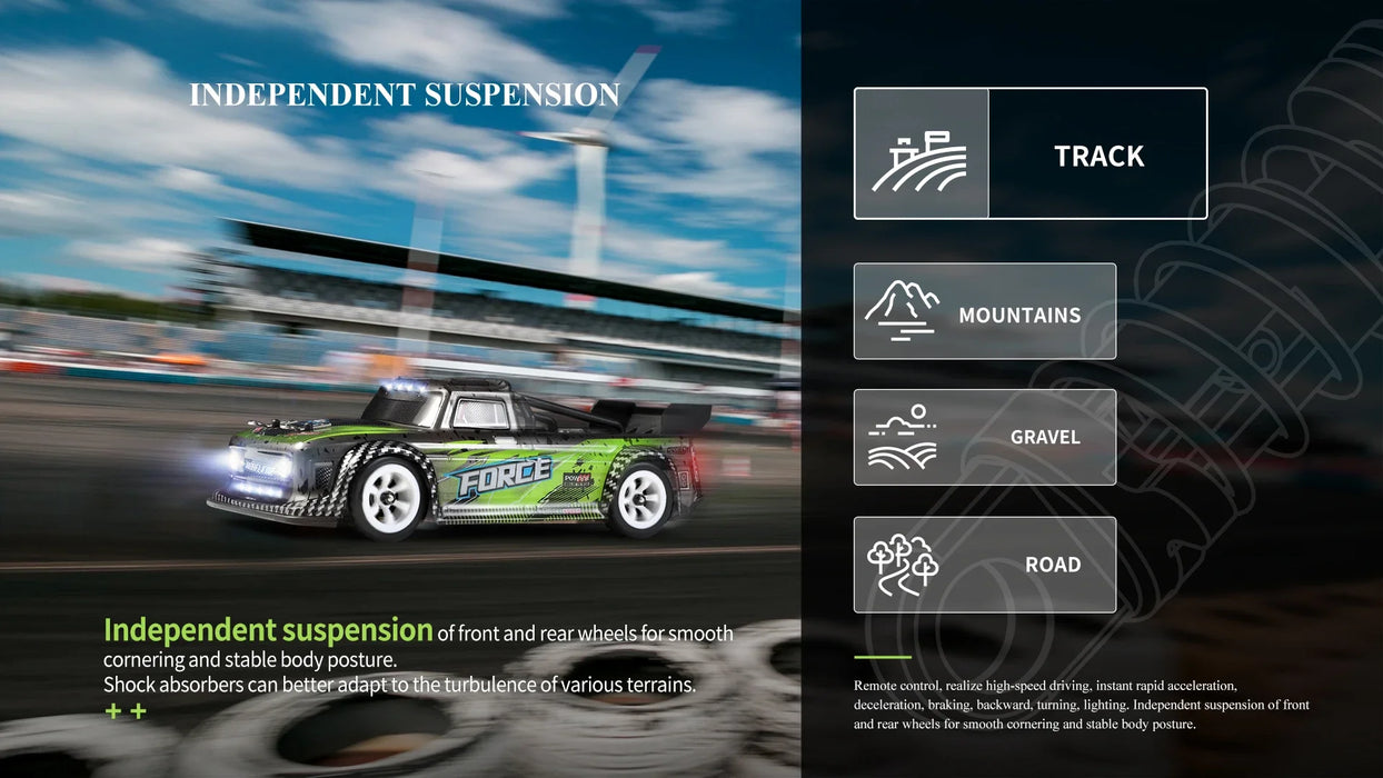 Promotional poster image for the WLtoys 1:28 284131 284161, featuring a green and black vehicle racing on a track. Heading: "Independent Suspension." Highlights four terrain modes: Track, Mountains, Gravel, Road. Text details the benefits of independent suspension for different terrains. Achieve speeds up to 30KM/H with the lithium battery-powered WLtoys 1:28 Mini RC Car from Lacatang Shop!