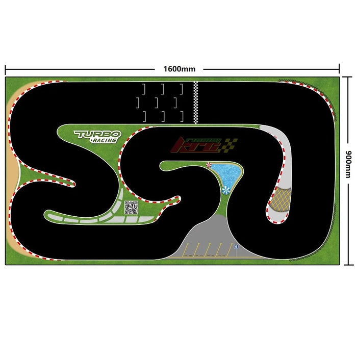 Aerial view of Lacatang Shop's Portable Turbo Racing Track Mat. This black track with red and white edging features sharp turns and straights. Mini cars navigate the rubber accessory surrounded by grass, parking, and a checkered area, all enhancing the excitement of this 1600x900mm racing mat.