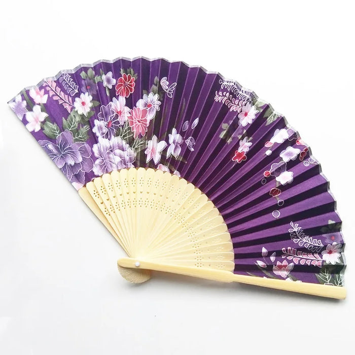 Elegant Floral Bamboo Hand Fan - Foldable Cloth Design for Weddings, Parties, and Dance Performances