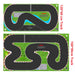 Two racetrack layouts from Lacatang Shop feature a 120x60 cm track with sharp turns and a pool atop a curvier 160x90 cm design. Both are set against a white background, ideal for 1/76 scale RC cars, with starting lines and pit areas.