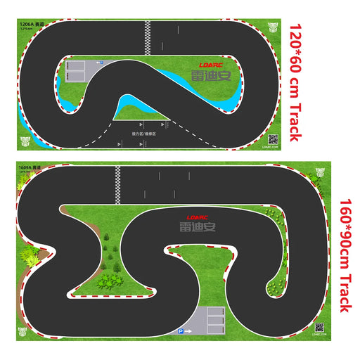 Two Portable Track Mats by Lacatang Shop are shown: a 120x60 cm mat with twists, grass, and pond; and a 160x90 cm mat with curves and a start/finish line, perfect for Mini Scale Vehicles. Both mats feature similar layouts.