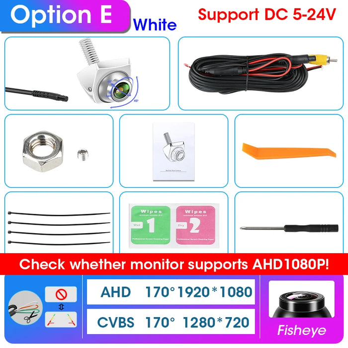 The Develuck HD 1080P 170° Night Vision Waterproof Car Rear View Camera, available from the Lacatang Shop, includes a fisheye golden lens. It comes with a display, wiring, bracket, manual, and accessories like cable ties, cleaning wipes, a screwdriver, and a plastic tool for superior clarity under any condition.