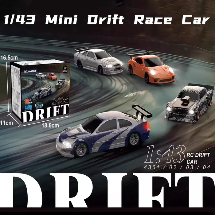 Four small drift race cars are shown racing on a track, featuring silver, orange, white with blue stripes, and black camouflage colors. A product box displaying one of the high-speed cars and dimensions (18.5 cm x 16.5 cm x 11 cm) is on the left. Text: "2.4G RC Drift Car 1/43 4WD Remote Control Car High Speed Four Wheel Drive Radio Controlled Mini Racing Car Model Boy Toy Gift - Lacatang Shop.