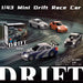 Four small drift race cars are shown racing on a track, featuring silver, orange, white with blue stripes, and black camouflage colors. A product box displaying one of the high-speed cars and dimensions (18.5 cm x 16.5 cm x 11 cm) is on the left. Text: "2.4G RC Drift Car 1/43 4WD Remote Control Car High Speed Four Wheel Drive Radio Controlled Mini Racing Car Model Boy Toy Gift - Lacatang Shop.