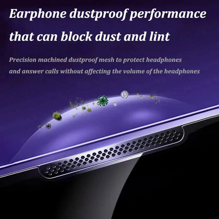 A graphic highlighting the dustproof performance of the 1-2Pc 8K High End Tempered Glass For iPhone 14, 13, 12, and 11 Pro Max XS MAX from AliExpress shows a close-up of a smartphone's earphone speaker covered with a finely perforated mesh. Floating particles of dust and lint are depicted being blocked by the mesh. Text explains the dustproof feature and benefits, aligned with Company Description standards.