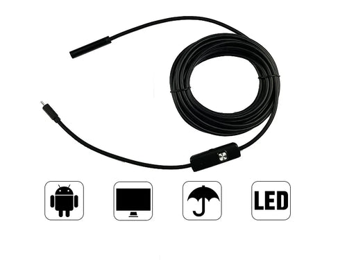 Image of the MM Class Endoscope Camera Flexible Waterproof Mini Industrial cable from AliExpress, shown coiled neatly. Below it are icons indicating its compatibility and features: an Android symbol, a computer monitor, an umbrella representing waterproof capabilities, and "LED" signifying its LED light for high definition video capture.