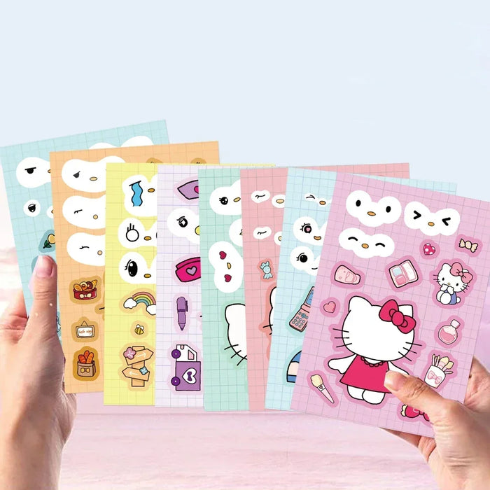 Kawaii Hello Kitty Make-a-Face Jigsaw Sticker Puzzle Set - 8/16 Sheets of Fun Cartoon Assemble Game for Kids