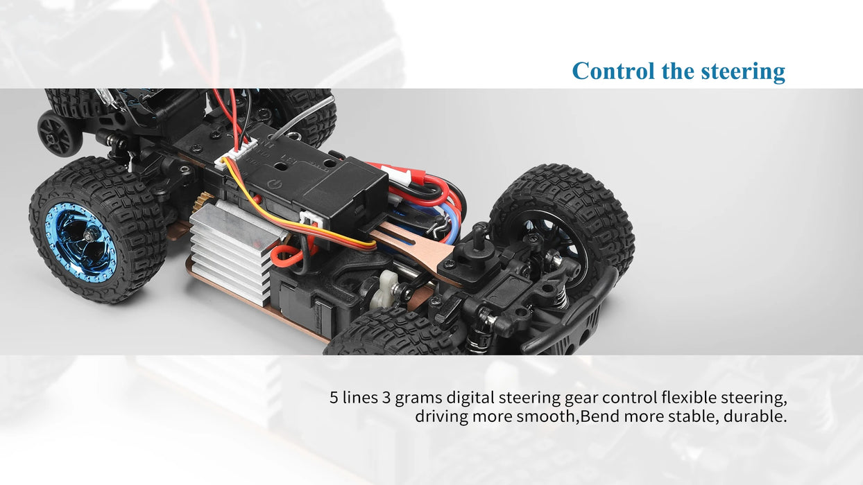 A section of a remote control car's inner workings is displayed, focusing on the steering mechanism. The image caption states, "Control the steering," followed by, "5 lines 3 grams digital steering gear control for flexible and smoother steering. Enhanced stability and durability." Suitable for speeds up to 30KM/H.

Product Name: WLtoys 1:28 284131 284161 2.4G Racing Mini RC Car 30KM/H 4WD Electric High Speed Remote Control Drift Toys for Children Gifts
Brand Name: Lacatang Shop