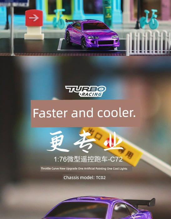 A purple Turbo Racing 1:76 Miniature Full-Scale C71c72c73c74 Remote Control Electric Drift Sports Car Toy, displayed on a miniature street with the text "Faster and cooler" and bilingual information about this model from Lacatang Shop, is showcased in the foreground. The background features another toy car and various traffic elements.