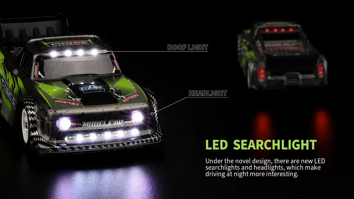 Close-up of two WLtoys 1:28 284131 284161 Racing Mini RC Cars from Lacatang Shop, each equipped with LED lights. The car in the foreground features roof lights and headlights accented with text annotations pointing to "ROOF LIGHT" and "HEADLIGHT." The caption reads, "Under the novel design, lithium battery-powered LED searchlights and headlights make driving at night more interesting.