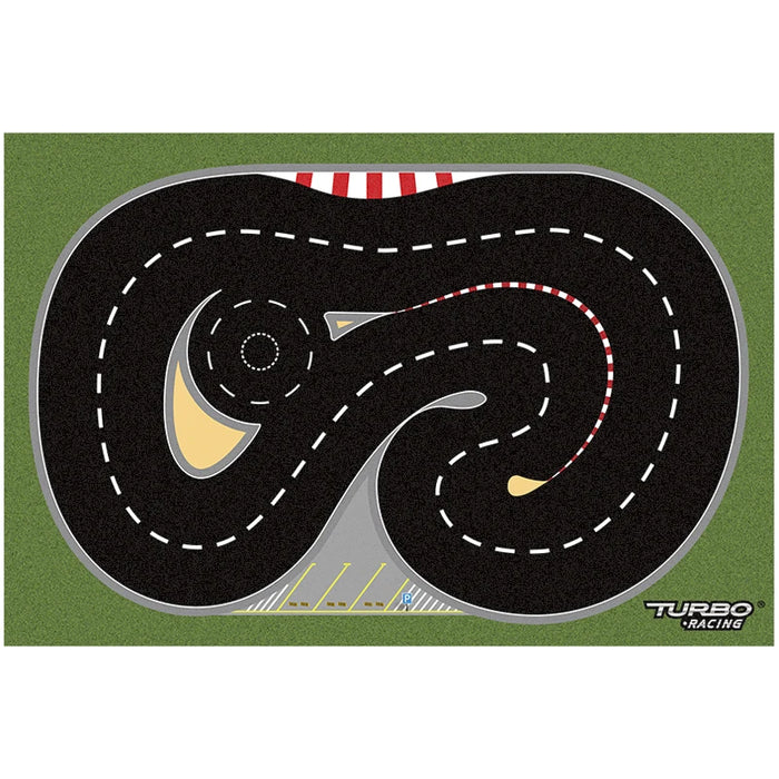 The TURBO RACING 1:76 Racing Track Set by Lacatang Shop features a black road, lush green base, spiral loop, curves, and parking areas with a small "Turbo Racing" logo—perfect for remote control car enthusiasts who enjoy jumps and drifts.