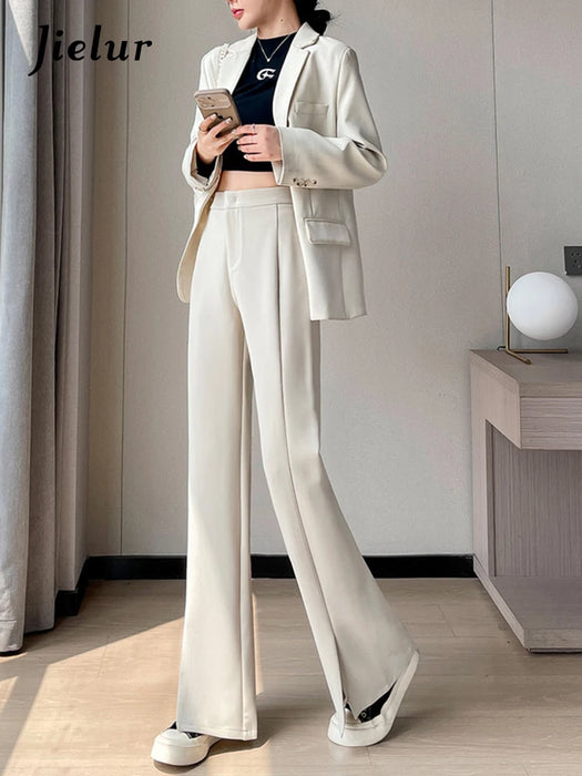 Jielur Coffee Skinny Basic Suit Women Wide Leg Pants Autumn Straight Casual Apricot Trousers Solid Color Split Office Lady Pants