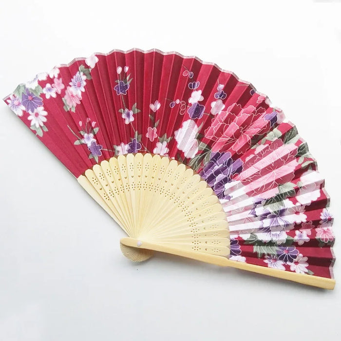 Elegant Floral Print Foldable Hand Fan with Bamboo Ribs for Weddings, Parties, and Dance Performances