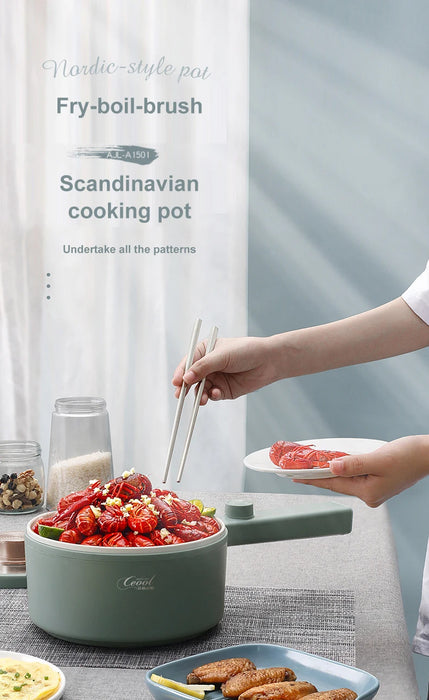 A person is using chopsticks to place food from the **Lacatang Shop's** 2024 New Portable 1.5L Multi-function Pot, which is filled with lobster, onto a plate. The multi-function pot rice cooker is on a gray table alongside a jar of cereal, fruit, and bread. The image features text promoting the "Nordic-style pot" and "Scandinavian cooking pot.