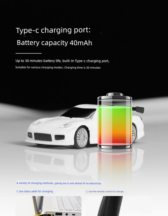 A promotional image featuring the JDM Racing Miniature Toy Remote Control Sports Car by Lacatang Shop. The main section highlights a toy car and a battery icon indicating charge level, with text detailing a 40mAh battery capacity and 30 minutes of charging time. Below, two images showcase various charging methods for remote control devices.