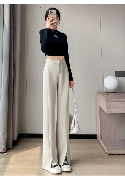 Jielur Coffee Skinny Basic Suit Women Wide Leg Pants Autumn Straight Casual Apricot Trousers Solid Color Split Office Lady Pants