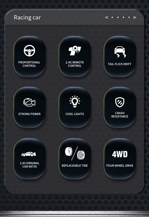 The user interface screen showcases nine sleek, rounded black buttons adorned with distinct icons and text, each symbolizing a feature of the Lacatang Shop's 1/43 RC Car Mini Racing Cars. The features include Proportional Control, 2.4G Remote Control, Tail-Flick Drift, Strong Power, Cool Lights, Crash Resistance, 1/43 Scale Original Car Ratio, Replaceable Tire, and 4WD Four-Wheel Drive.