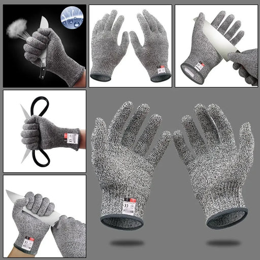 A collage of images showcasing the AliExpress HPPE Level 5 Safety Anti Cut Gloves High-strength Industry Kitchen gloves. The gloves are slicing through a sharp knife, gripping a knife blade, managing a slippery knife, and clasped in various angles. The central image displays both gloves held up, highlighting their fabric texture and a safety tag – essential kitchen gadgets for cutting resistance.