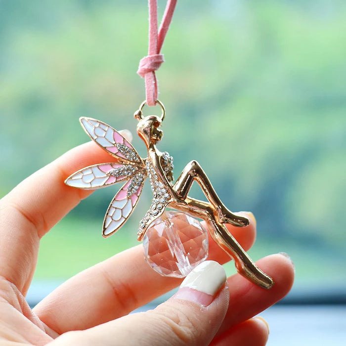 Fairy-Themed Pink Crystal Ball Rearview Mirror Pendant for Car Interior Decoration