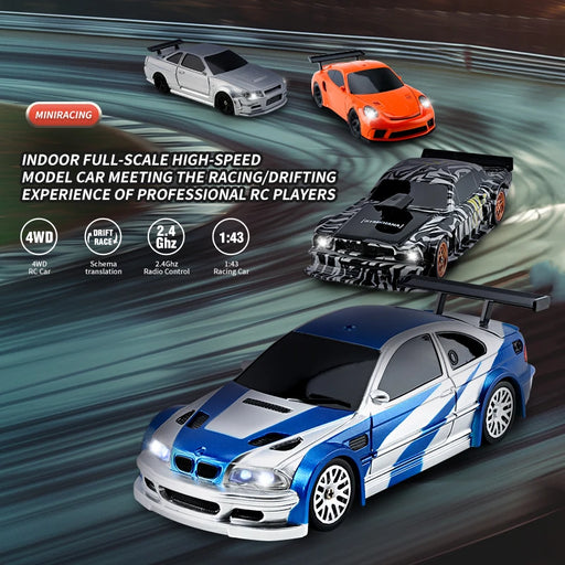 Advertisement for Lacatang Shop's 1/43 RC Car Mini Racing Cars: This vibrant image showcases four stunning RC drift car models in striking designs—blue, silver, orange, and black with stripes. Experience the thrill of 4WD drift racing with advanced 2.4GHz radio control. Perfectly scaled at 1/43 for high-speed off-road adventures, these mini racing cars make ideal gifts for boys!