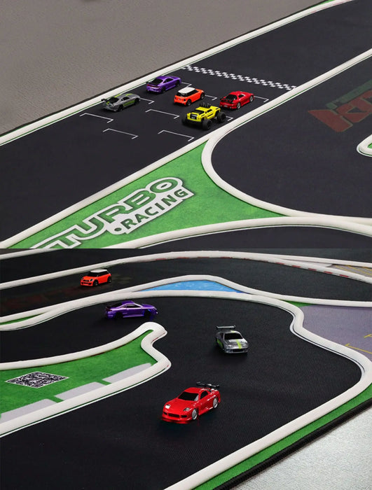 The TURBO RACING 1:76 Remote Control Car Track Set from Lacatang Shop showcases vibrant remote control cars in red, purple, and yellow on a track with turns, "Turbo Racing" printed on grass-like sections, and impressive drift capabilities.