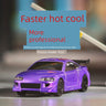 A Turbo Racing 1:76 Miniature Full-Scale C71c72c73c74 Remote Control Electric Drift Sports Car Toy by Lacatang Shop, featuring a purple body with black wheels and a rear spoiler, is on display. A red and blue text overlay reads, 