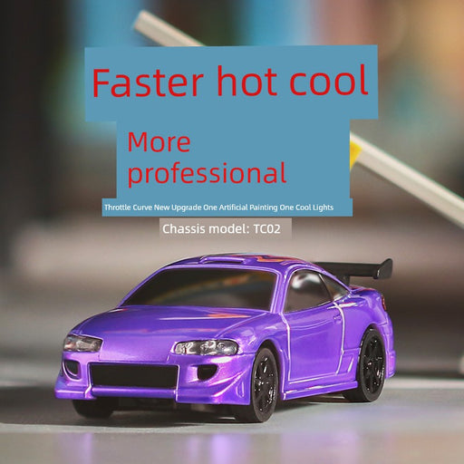 A Turbo Racing 1:76 Miniature Full-Scale C71c72c73c74 Remote Control Electric Drift Sports Car Toy by Lacatang Shop, featuring a purple body with black wheels and a rear spoiler, is on display. A red and blue text overlay reads, "Faster hot cool," "More professional," "Throttle Curve New Upgrade One Artificial Painting One Cool Lights." The TURBO RACING chassis model is TC02, making it an ideal choice for electric sports car enthusiasts.