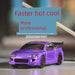 A Turbo Racing 1:76 Miniature Full-Scale C71c72c73c74 Remote Control Electric Drift Sports Car Toy by Lacatang Shop, featuring a purple body with black wheels and a rear spoiler, is on display. A red and blue text overlay reads, "Faster hot cool," "More professional," "Throttle Curve New Upgrade One Artificial Painting One Cool Lights." The TURBO RACING chassis model is TC02, making it an ideal choice for electric sports car enthusiasts.