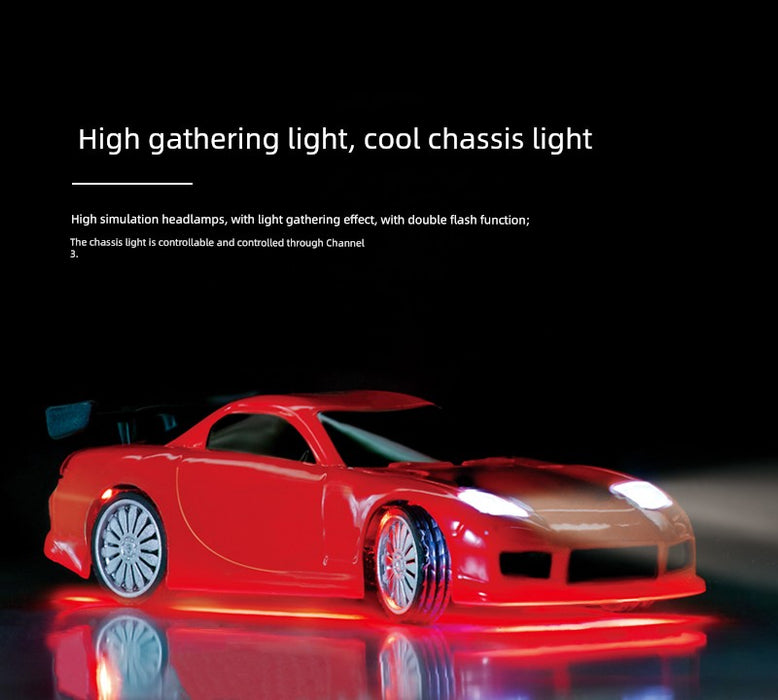 A JDM Racing Miniature Toy Remote Control Sports Car from Lacatang Shop, featuring high simulation headlamps and illuminated chassis lights, is displayed in a dark setting. The toy car casts a reflective glow on the ground, accentuating its sleek design. Text above explains the car's light features and remote control operation through Channel 3.