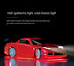 A JDM Racing Miniature Toy Remote Control Sports Car from Lacatang Shop, featuring high simulation headlamps and illuminated chassis lights, is displayed in a dark setting. The toy car casts a reflective glow on the ground, accentuating its sleek design. Text above explains the car's light features and remote control operation through Channel 3.