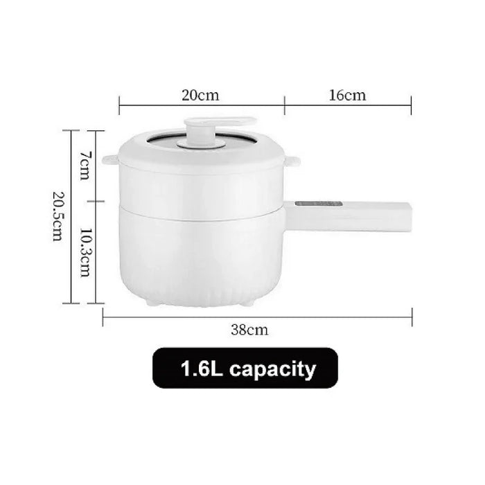 Image of a white Lacatang Shop 1.6L Smart Electric Cooking Pot Reservation Multifunctional Non-stick Electric Wok Household Electric Hot Pot With Steamer (220V) featuring a lid and handle. Dimensions are as follows: 7cm tall without the lid, 10.3cm tall with the lid, overall height of 20.5cm, width of 20cm, and length including the handle is 38cm. The lid is also equipped with its own handle. This multifunctional saucepan has a capacity of 1.6L.
