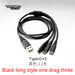 A black, circular coiled USB cable with three Type-C connectors is shown. The Lacatang Shop brand logo associates it with their TURBO RACING 1:76 Remote Control Car Racing Track Set. Text states, "Type-C x3, 黑色-1.1米, Black long style one drag three.