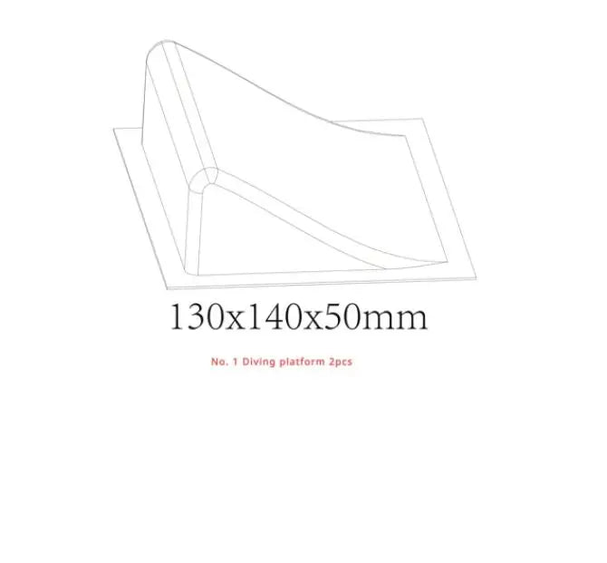 Line drawing of a diving platform labeled 130x140x50mm. Text reads: "No. 1 Diving platform 2pcs." Ideal for RC fans, this Lacatang Shop TURBO RACING 1:76 Drift Track Mat with Cement Block and Jump Features enhances your racing accessories collection.