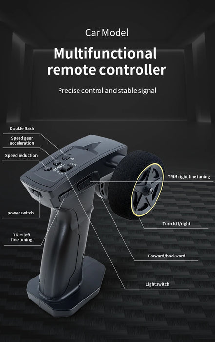 Image shows a multifunctional remote controller designed for the 1/43 RC Car Mini Racing Cars by Lacatang Shop. The labeled features include double flash, speed gear accelerator, speed reduction, power switch, TRIM left fine tuning, light switch, TRIM right fine tuning, turn left/right, and forward/backward.