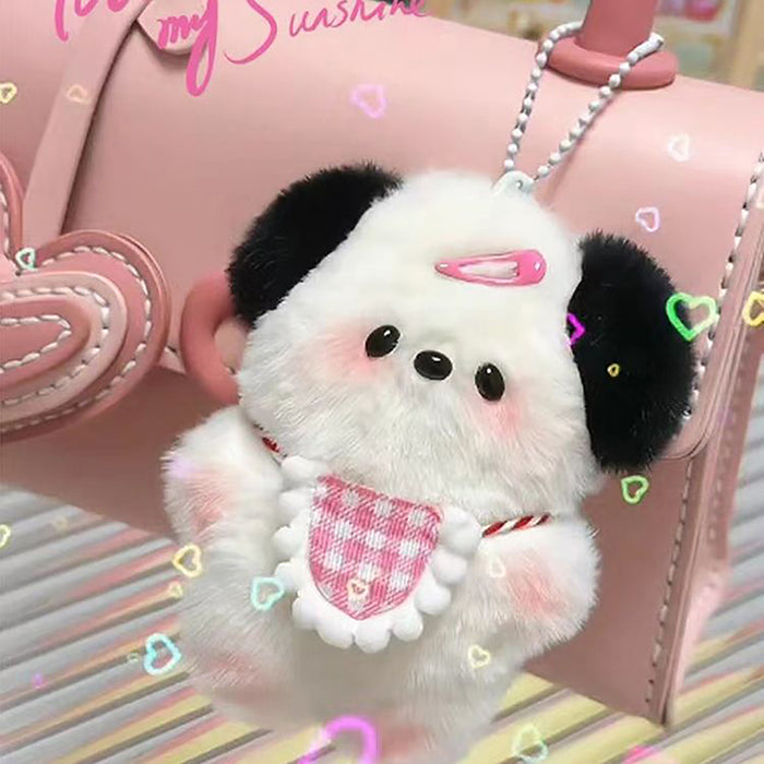 A cute plush puppy keychain from Lacatang Shop, featuring a charming cartoon design with black ears, a pink hair clip, and gingham bib, hangs from a pink handbag. Colorful heart-shaped decorations make it the perfect whimsical birthday gift for women and girls.