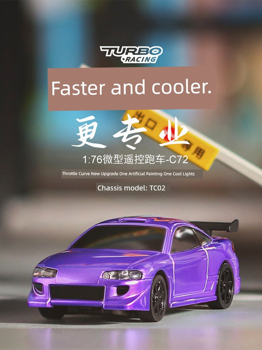 A promotional image featuring a purple JDM Racing Miniature Toy Remote Control Sports Car with black wheels from Lacatang Shop. The remote control car is positioned in the foreground on a smooth surface with blurred background elements. Text reads "Turbo Racing," "Faster and cooler," and includes model details: Chassis model: TC02.