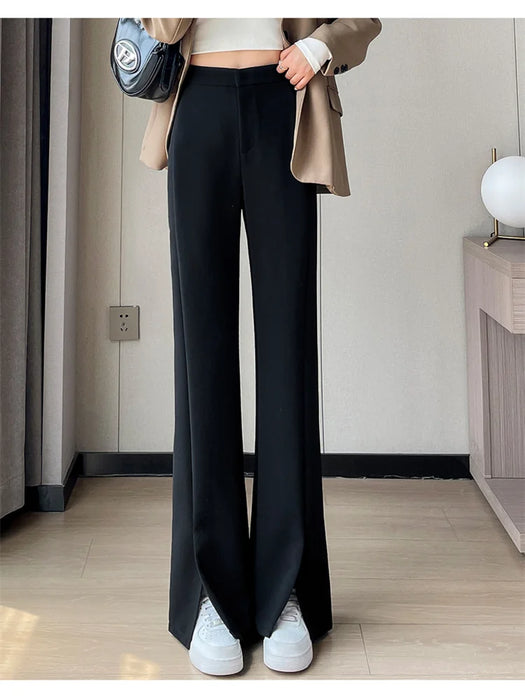 Jielur Coffee Skinny Basic Suit Women Wide Leg Pants Autumn Straight Casual Apricot Trousers Solid Color Split Office Lady Pants