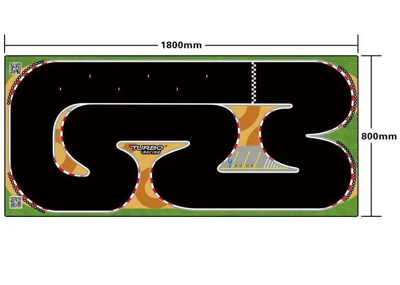 The Lacatang Shop's Portable Turbo Racing Rubber Track Mat for 1:76 RC Cars features a realistic rectangular design with black lanes, enhanced grip, red-and-white borders, checkered finish line, and pit stop area. Available in 160x90cm & 180x80cm sizes with "Turbo Racing" at the center.