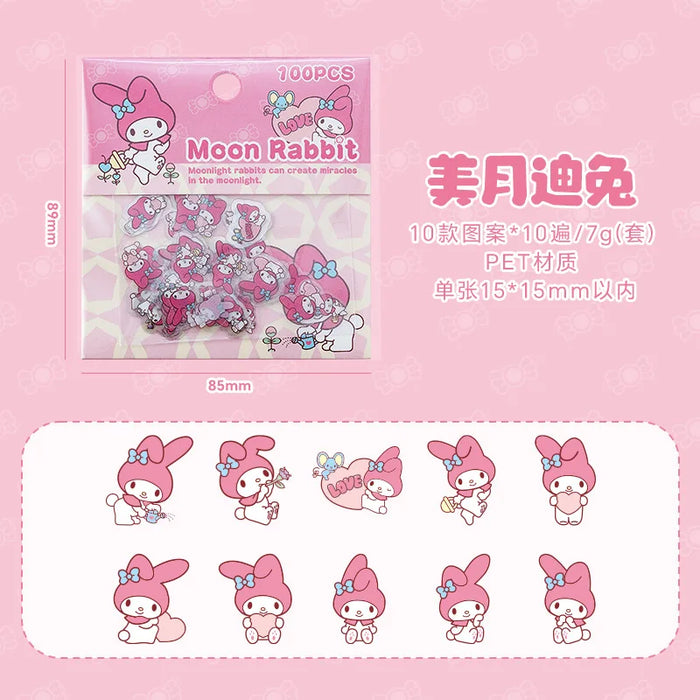 This 100-piece Sanrio Kawaii sticker set from AliExpress, featuring Pochacco, Kuromi, Melody, and Hello Kitty in a pink package with English and Chinese text, is perfect for stationery or gifts. Stickers measure 15x15mm; the packaging is 85x98mm.