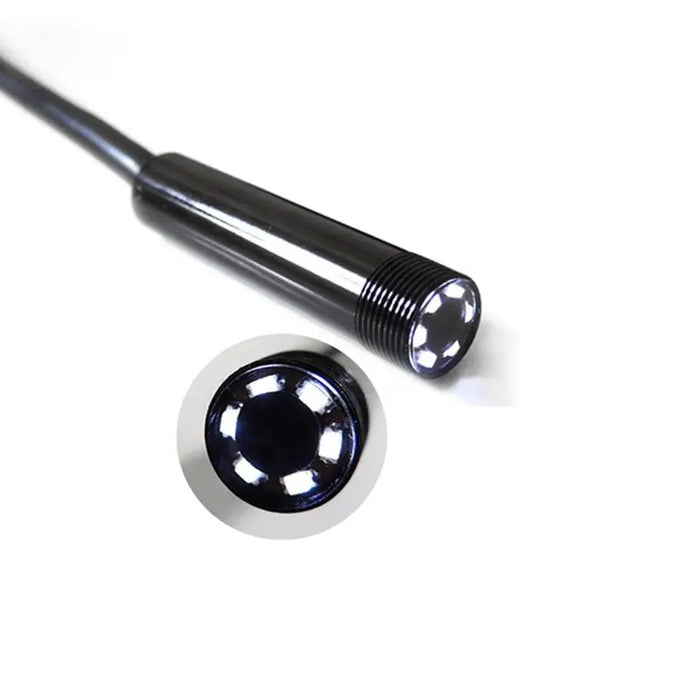 Close-up of the black MM Class Endoscope Camera from AliExpress, featuring a cylindrical shape and multiple LED lights surrounding the adjustable lens. This Flexible Waterproof Mini Industrial tool provides brilliant illumination for high-definition video capture. The background is white, and beside it is a magnified view of the camera tip with the LED lights prominently displayed.