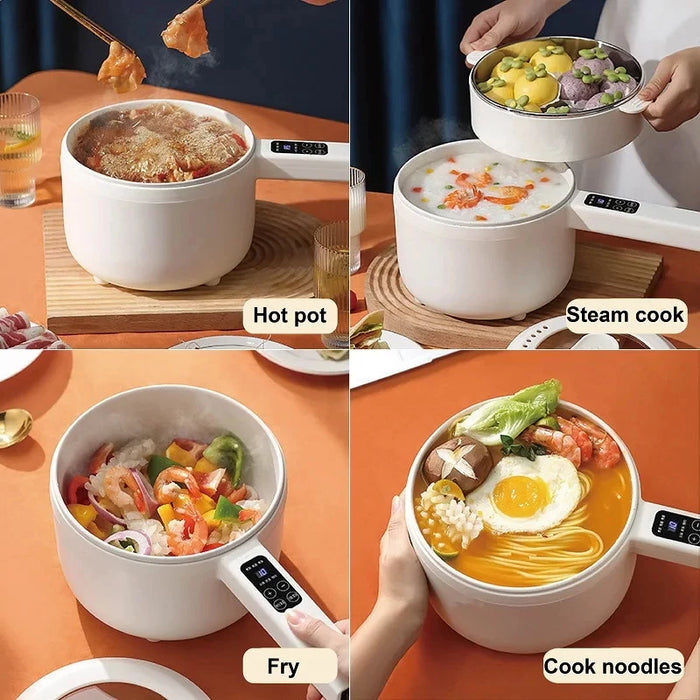 The 1.6L Smart Electric Cooking Pot Reservation Multifunctional Non-stick Electric Wok Household Electric Hot Pot With Steamer 220V by Lacatang Shop is a white appliance featuring various cooking methods. Top left: hot pot with meat and broth. Top right: steam cook with vegetables. Bottom left: fry with mixed vegetables and shrimp. Bottom right: cook noodles with egg and greens.
