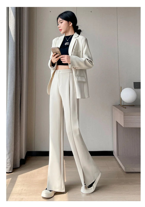 Jielur Coffee Skinny Basic Suit Women Wide Leg Pants Autumn Straight Casual Apricot Trousers Solid Color Split Office Lady Pants