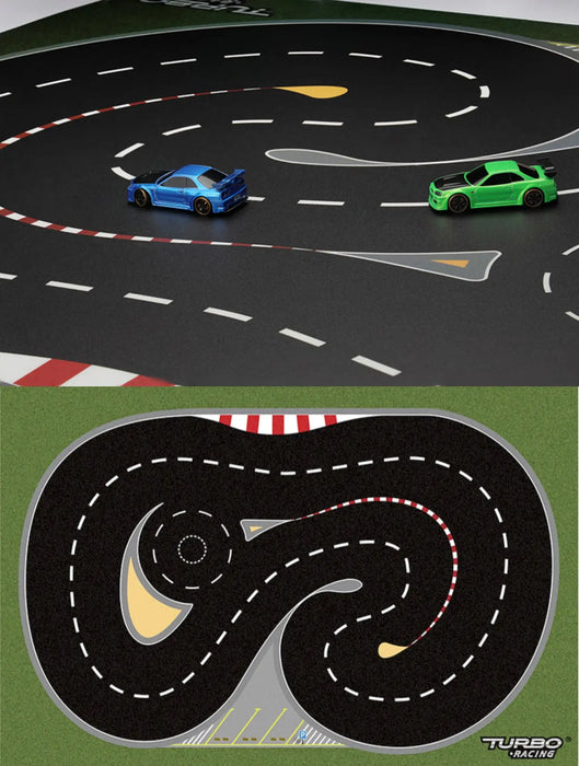 Displayed in two images, the Lacatang Shop's TURBO RACING 1:76 Remote Control Car Track Set boasts a complex, winding layout. The top image shows a blue and green car racing, while the bottom provides an overhead view of the track's intricate design and route.