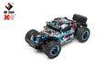 A blue and black WLtoys 1:28 284131 284161 Racing Mini RC Car from Lacatang Shop, featuring large, rugged tires and brand logos in the top left corner. This Remote Control Car boasts a dynamic paint splatter pattern, is powered by a Lithium Battery, and can reach speeds up to 30KM/H on rough terrain.