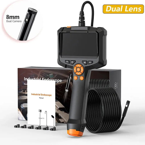 The image showcases the AliExpress Industrial Endoscope Camera with a 4.3-inch IPS screen, featuring an HD1080P dual-camera lens. The set includes the IP67 waterproof endoscope with an attached screen and control buttons, a lengthy cable, various camera accessories, and a manual. A close-up inset highlights the 8mm dual camera.