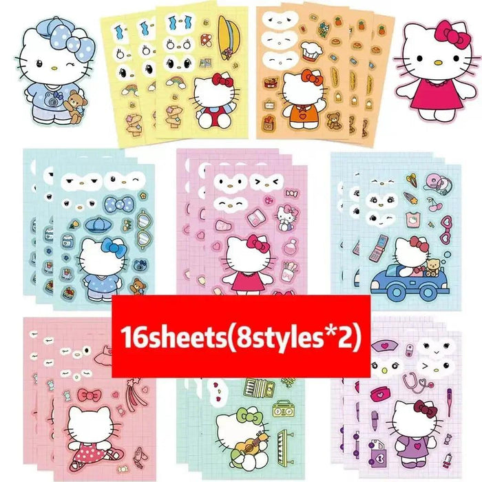 8/16 Sheets Sanrio Puzzle Stickers Cartoon Kawaii Hello Kitty Make-a-Face Assemble Cartoon Game Assemble Jigsaw Children Gift - Lacatang Shop